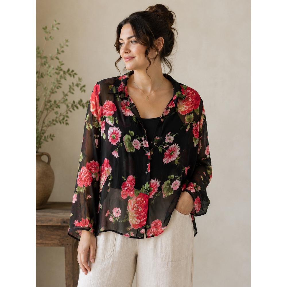 Carol Anderson Floral Blouse Women 16 Black Pink Rose Sheer Rayon Cottagecore‎